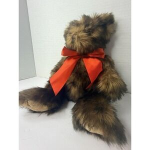Bearington Collection Plush Teddy Bear 14" Brown Furry Red Bow Vintage HTF Cute